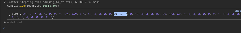 Screenshot showing message characters in DevTools